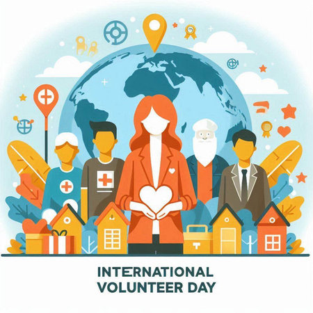 International Volunteer Day. Flat design vector illustration concept for web banner and promotional materials.のイラスト素材
