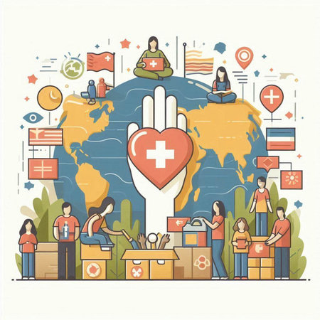 Donation concept with people and world map. Vector illustration in thin line styleのイラスト素材