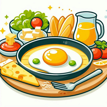 Fried egg in a frying pan with vegetables and cheese. Vector illustration.のイラスト素材