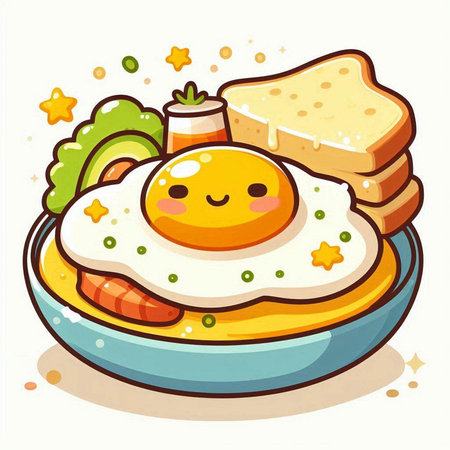 Fried egg with salmon and vegetables in a bowl. Vector illustration.のイラスト素材