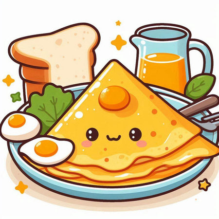 Illustration of a Cute Breakfast Meal with Bread, Eggs and Juiceのイラスト素材