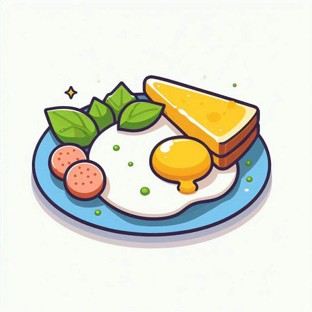 Fried eggs with toast and sausage on plate. Vector illustration.のイラスト素材