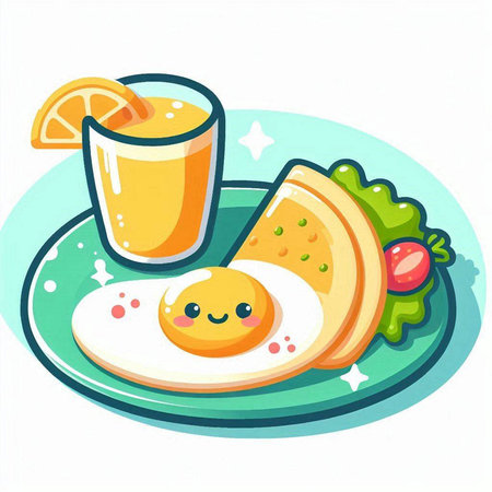 Breakfast with fried egg and orange juice, vector cartoon illustration.のイラスト素材