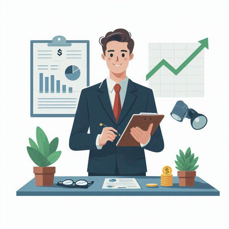 Businessman working at the office. Vector illustration in flat style.のイラスト素材