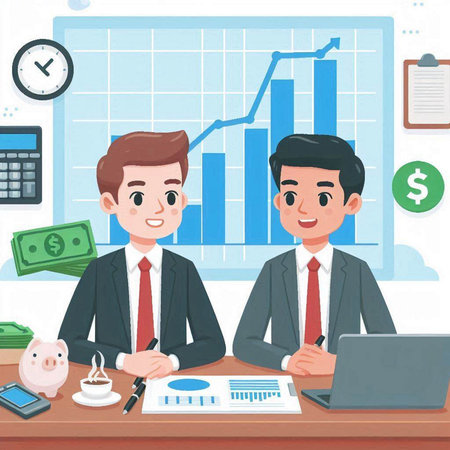 Two businessmen working in office. Vector illustration in a flat style.のイラスト素材
