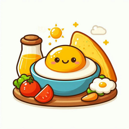 Breakfast with fried egg, tomato, bread and juice. vector illustrationのイラスト素材