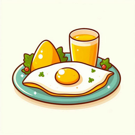 Fried egg and glass of juice on a plate. Vector illustration.のイラスト素材