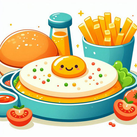 Illustration of a Cheerful Breakfast with Eggs and French Friesのイラスト素材
