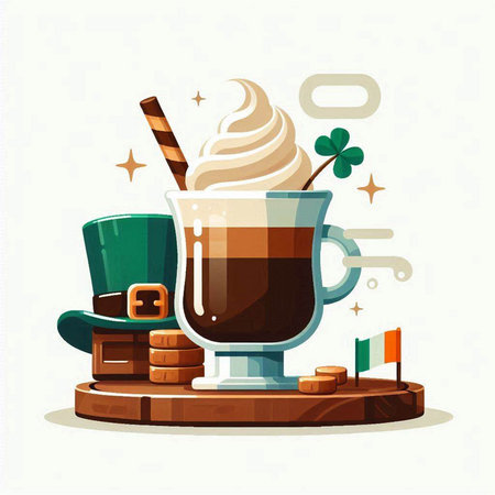 Irish coffee with whipped cream, leprechaun hat, coins and flag. Vector illustration.のイラスト素材