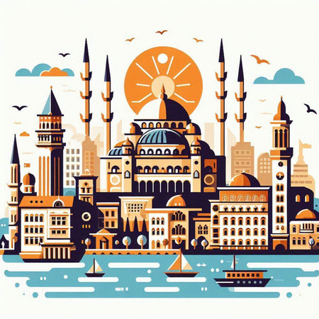 Flat style vector illustration of Istanbul, Turkey. Travel and tourism concept.のイラスト素材