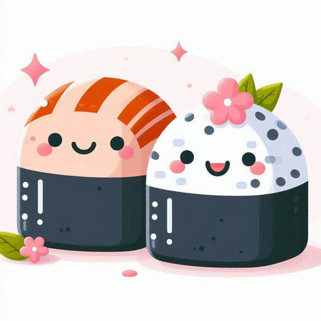 Illustration of cute kawaii sushi rolls on a white backgroundのイラスト素材