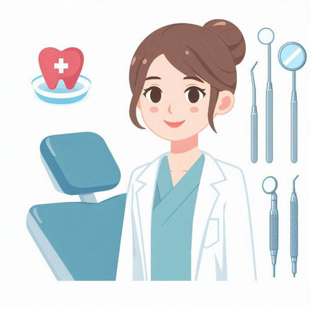 Dentist woman with dental tools on white background. Vector illustration.のイラスト素材