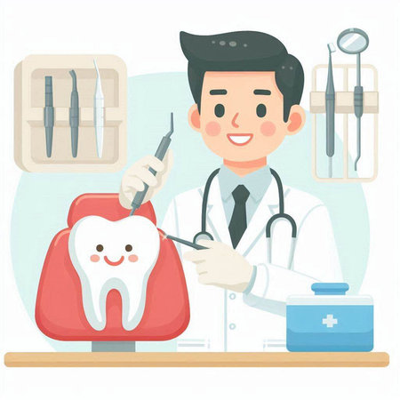 Dentist and dental care concept. Dentist holding a syringe and a tooth.のイラスト素材