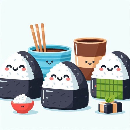 Illustration of cute japanese food set. Vector illustration.のイラスト素材