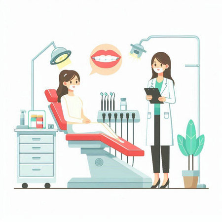 Dentist and patient in the dental office. Vector illustration.のイラスト素材
