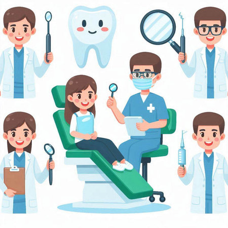 Dentist and orthodontist characters. Dentist with stomatology tools. Vector illustrationのイラスト素材