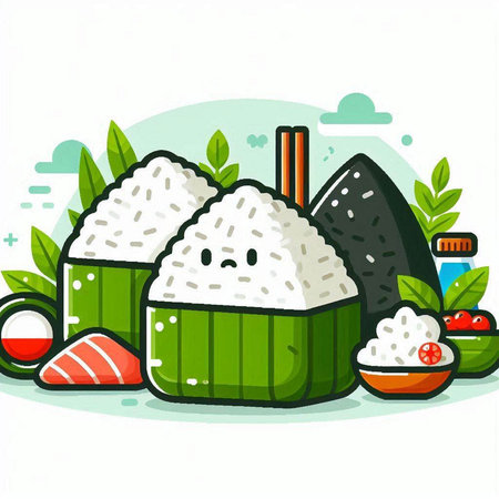 Illustration of rice in a bowl and ingredients for sushi on a white backgroundのイラスト素材