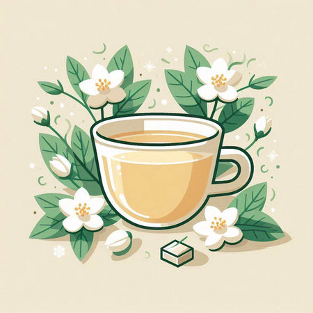 Cup of tea with jasmine flowers. Vector illustration.のイラスト素材