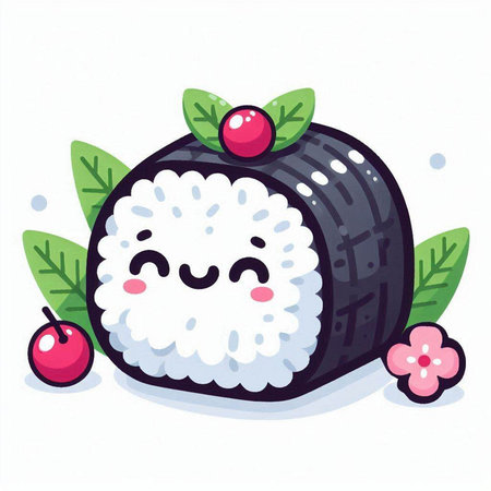 Illustration of a cute sushi roll with cherry on a white backgroundのイラスト素材