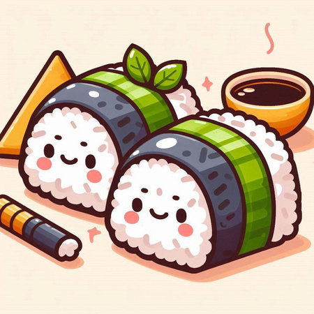 Illustration of a set of sushi and rolls on a light backgroundのイラスト素材