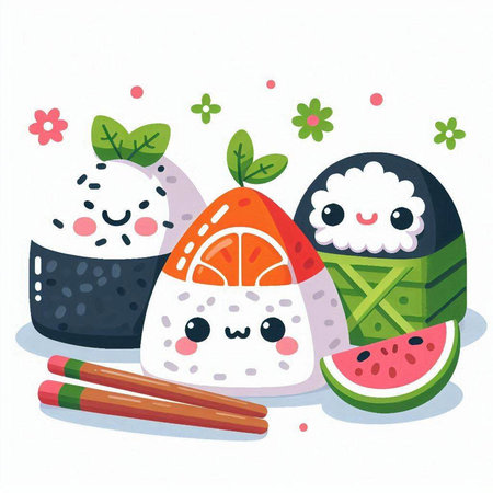 Kawaii sushi and rolls. Vector illustration in cartoon style.のイラスト素材
