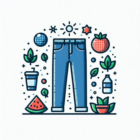 Vector illustration of thin line icons of jeans, watermelon, ice cream.のイラスト素材