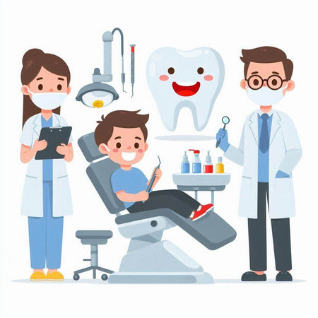 Dentist and patient. Dentistry concept. Cartoon vector illustration.のイラスト素材