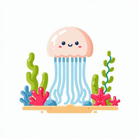 Cute jellyfish on a white background. Vector flat illustration.のイラスト素材