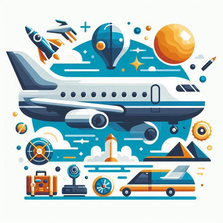 Vector flat illustration of travel around the world. Airplane, car, ship, airplane, plane, bus, ship, plane, compass, globe, binoculars and other elements.のイラスト素材