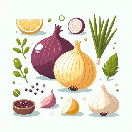 Vector illustration of a set of fresh vegetables: onion, garlic, pepper, parsley, basil, lemon, parsley, pepper.のイラスト素材
