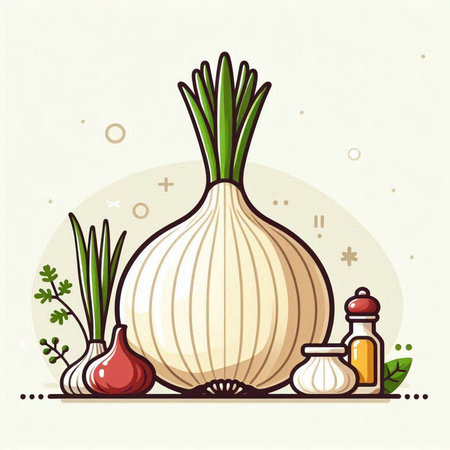 Illustration of onion with spices and herbs on white background - vectorのイラスト素材