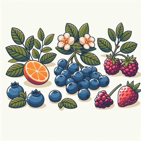 Vector illustration of a set of berries: blueberry, raspberry, orange, strawberry.のイラスト素材