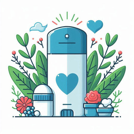 Cosmetic bottle with a heart and flowers. Vector illustration in flat style.のイラスト素材