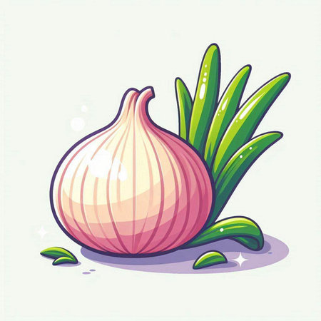 Illustration of a fresh onion with green leaves on a white backgroundのイラスト素材
