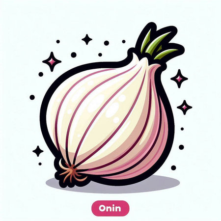 Illustration of a cartoon onion on a white background with stars.のイラスト素材