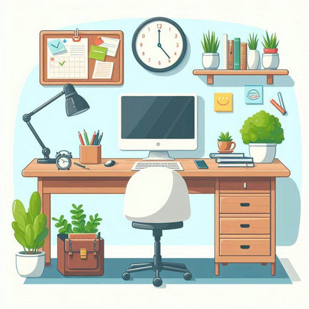 Office workplace. Workplace with computer and office supplies. Vector illustration.のイラスト素材