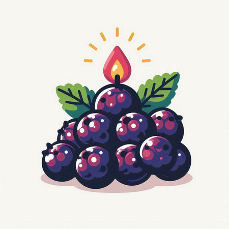 illustration of a candle with a bunch of blackberries on a white backgroundのイラスト素材