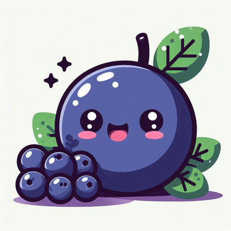 Funny blueberry with berries and leaves. Vector cartoon illustration.のイラスト素材