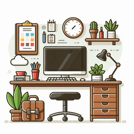 Office workplace interior with computer, briefcase, coffee cup, plant, clock and other items. Vector illustration.のイラスト素材