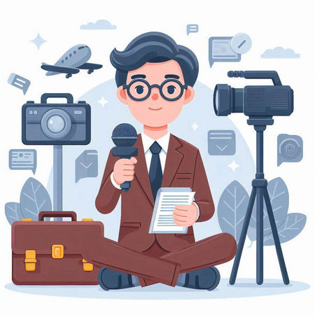 Journalist with microphone and camera. Vector illustration in cartoon style.のイラスト素材