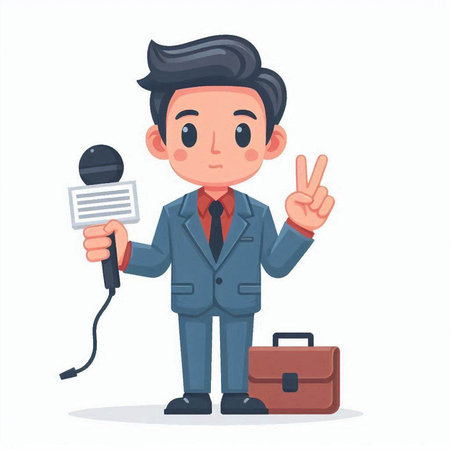 Businessman with microphone and briefcase. Vector illustration in cartoon style.のイラスト素材