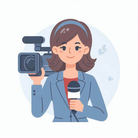 Female reporter with microphone. Vector illustration in flat cartoon style on white background.のイラスト素材