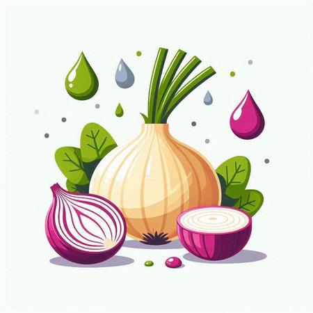 Vector illustration of fresh onion with water drops on white background. Healthy food concept.のイラスト素材