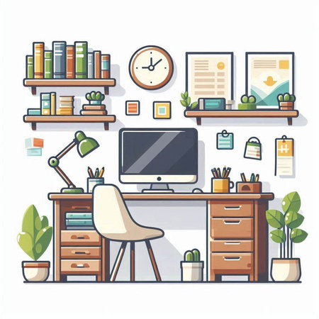 Office interior with furniture, computer, bookshelf, table, chair, plant and clock. Vector illustrationのイラスト素材