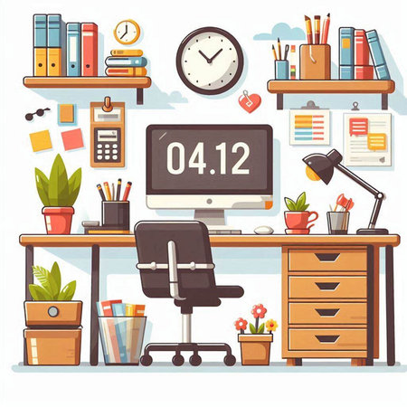 Office workplace. Workplace with computer and office supplies. Flat vector illustrationのイラスト素材