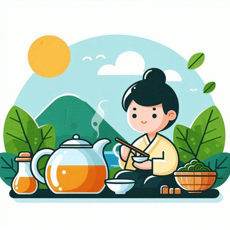 Asian woman cooking tea in the nature. Vector illustration in flat styleのイラスト素材