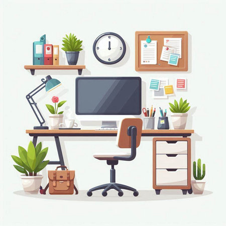 Office workplace. Workplace with computer, bookshelf and plants. Vector illustrationのイラスト素材