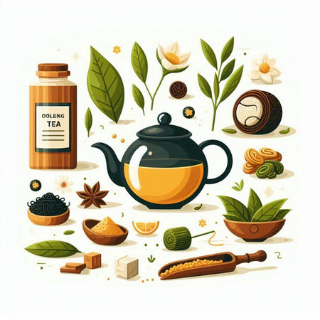 Tea set. Teapot, teacup, tea leaves, cinnamon, anise, ginger, cloves, cinnamon sticks, brown sugar bowl. Vector illustration.のイラスト素材