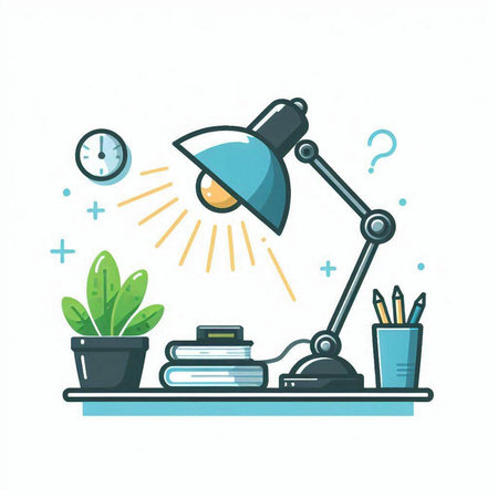 Vector illustration of workplace with desk lamp, books, plant, clock and pencilsのイラスト素材