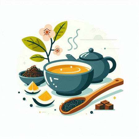 Tea ceremony. Vector illustration with teapot, cup, spoon, tea leaves and bowl.のイラスト素材